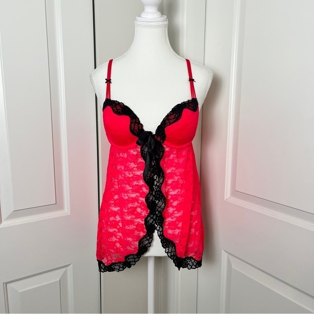 La Senza Coquette Red & Black Open Front Boudoir Push Up Lace Babydoll - Small